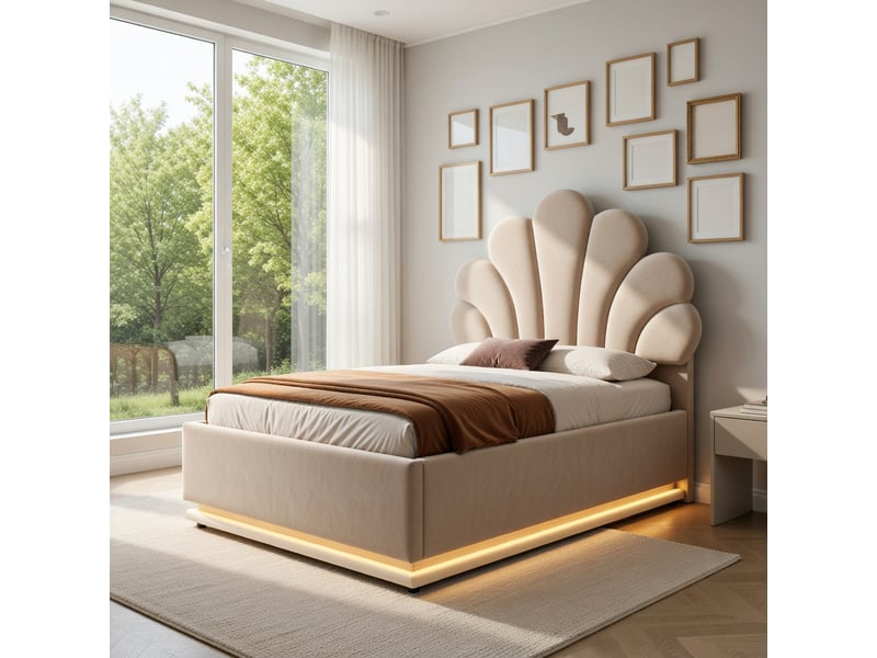  Lit d'enfant 90 × 200 cm, motif floral, rangement à vérins hydrauliques, éclairage led, velours, rose  - Conforama B