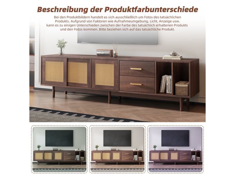  Meuble de rangement 190x40x52 cm, meuble de rangement de salon, armoire tv avec tiroirs en rotin marron avec 6 pieds de support  - Conforama E