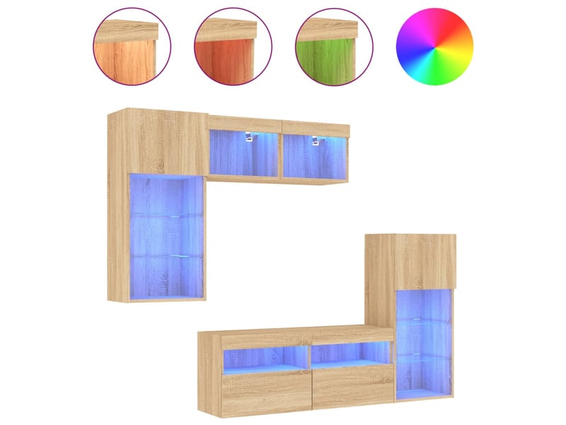  Meuble tv - unités murales tv avec led 5 pcs chêne sonoma bois d'ingénierie  - Conforama A