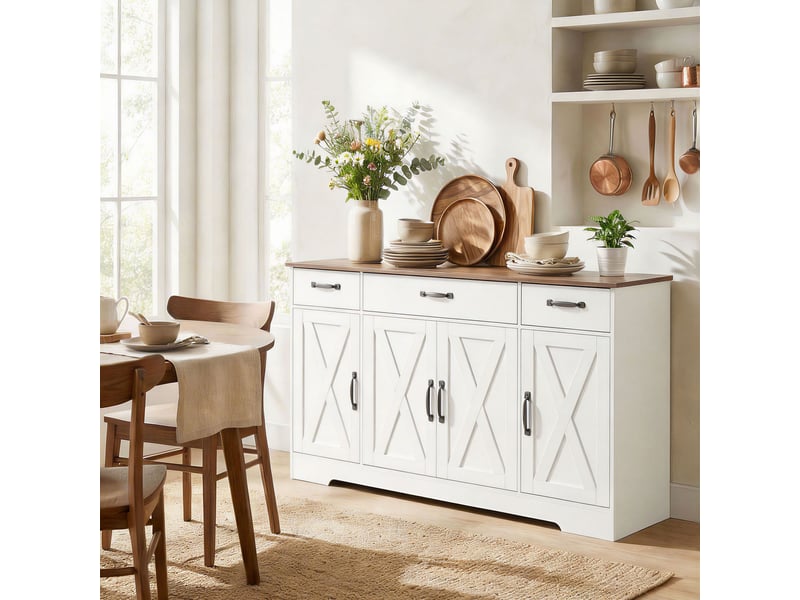  Buffet, meuble de rangement cuisine style ferme avec 4 portes de grange, 3 tiroirs, étagères ajustables, blanc  - Conforama C