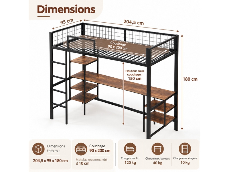  Lit mezzanine enfant 90 × 200 cm avec bureau, étagères, échelle 4 marches et garde-corps, métal et bois foncé, noir  - Conforama C