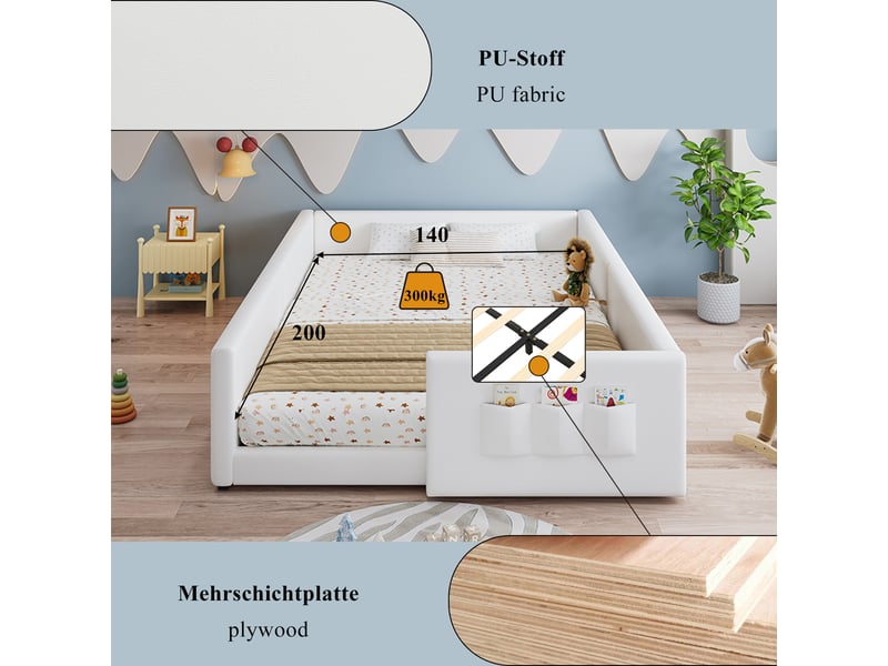  Lit enfant sécurité 140 x 200 cm avec rangement et revêtement pu blanc  - Conforama E