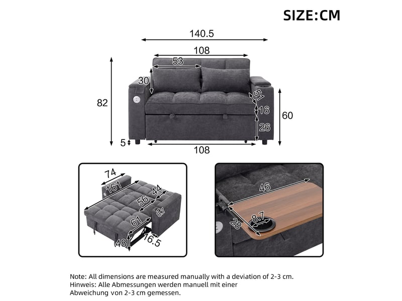 Canapé convertible 2 places 140,5 x 74 x 82 cm en tissu avec dossier réglable, usb et rangement gris chicfurn - Conforama D