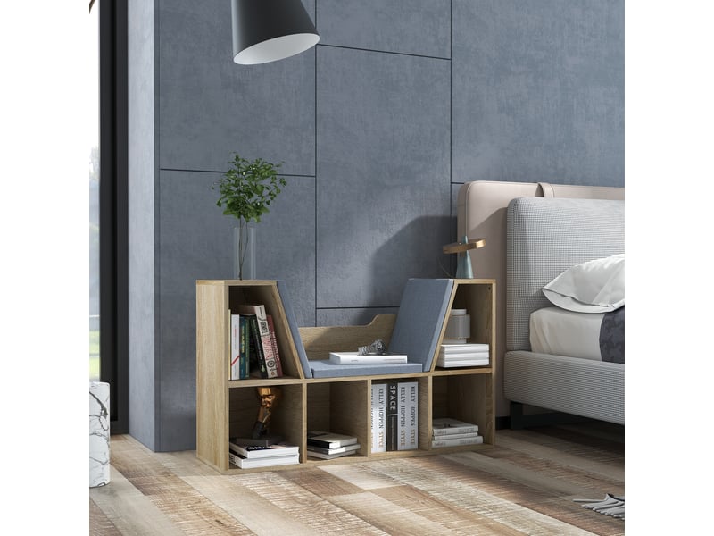  Bibliothèque banc 2 en 1 design contemporain 6 casiers 3 coussins fournis 102l x 30l x 61h cm chêne gris  - Conforama C