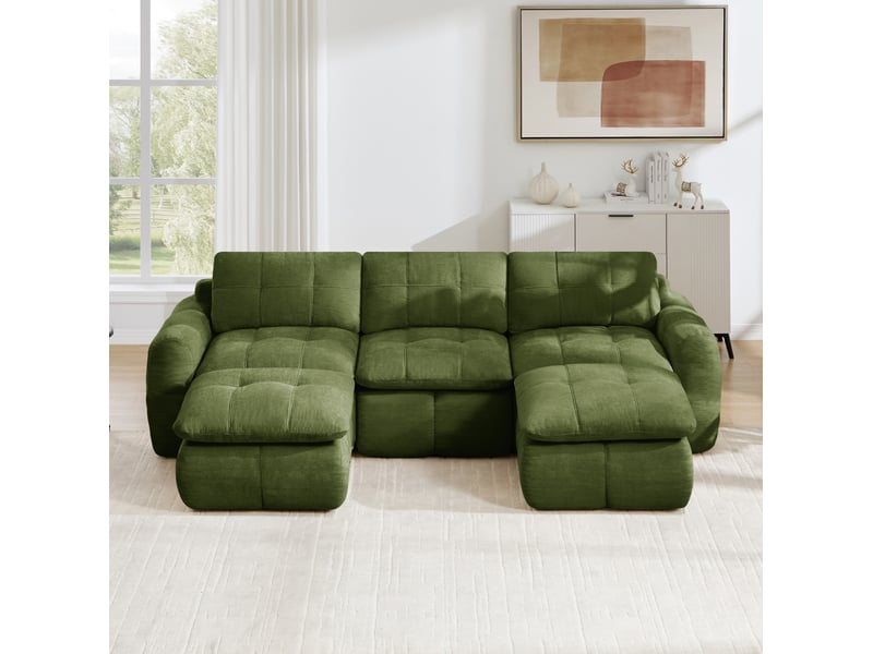 Canapé modulable 3 places modenvie en u en chenille vert avec 2 poufs, mousse haute densité 32d, 264 x 160 x 68 cm - Conforama E