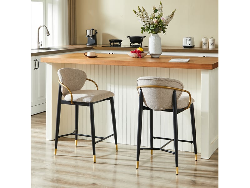  Tabourets de bar 57x52x87 cm lot de 2, réglables, dossier et repose-pied, pour bar, métal, chenille, marron clair, noir  - Conforama B