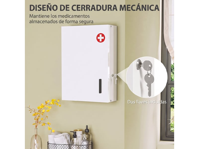 Armoire à pharmacie murale verrouillable, 6 compartiments, 2 clés, acier blanc, 40 x 18 x 60 cm  - Conforama W