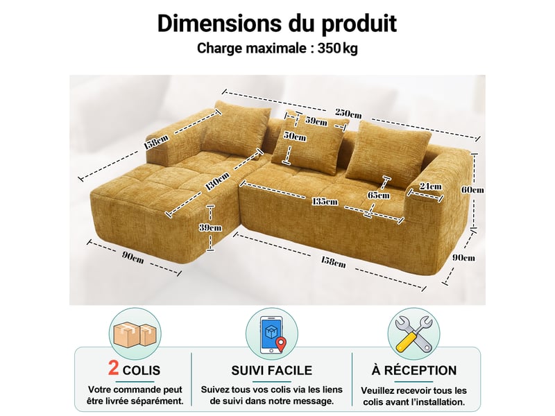  Canapé d'angle modulable 3 places avec méridienne, poches latérales et 3 coussins en chenille jaune, 250 × 158 × 60 cm  - Conforama D