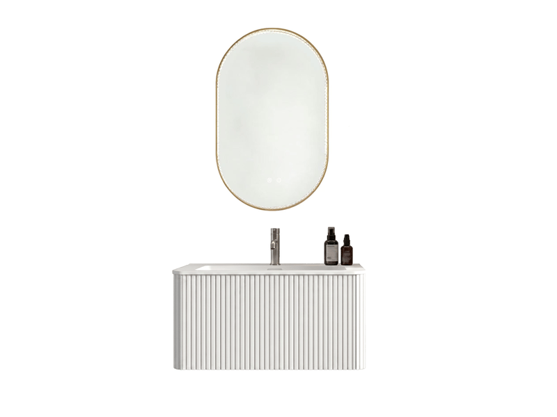 Meuble vasque suspendu blanc 81 cm avec miroir led ovale antibuée, 1 tiroir, design rainuré moderne - Conforama A
