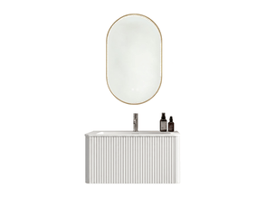 Meuble vasque suspendu blanc 81 cm avec miroir led ovale antibuée, 1 tiroir, design rainuré moderne
