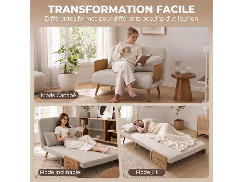  Canapé convertible 2 places, canapé-lit 3 en 1 chenille 103cm, dossier réglable, 2 oreillers, accoudoirs en bois, crème  - Conforama D