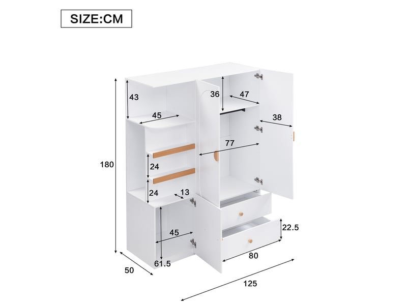  Armoire de rangement 125x50x180 cm avec 3 portes et 2 tiroirs, penderie en mdf couleur blanc et naturel  - Conforama C