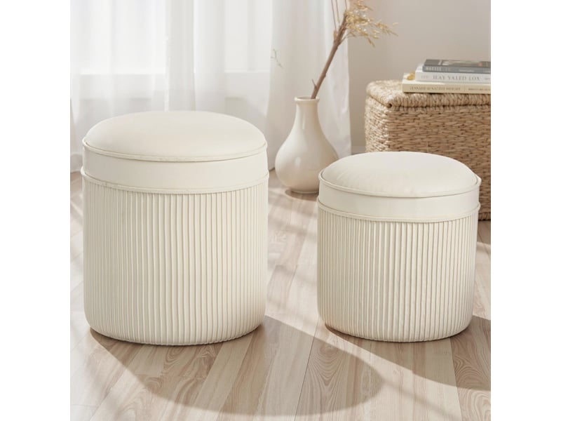  Lot de 2 tabourets avec rangements tabourets avec couvercle, repose-pieds rond aspect velours 36 x 36 x 41,5 cm blanc crème 838-596V00CW - Conforama B