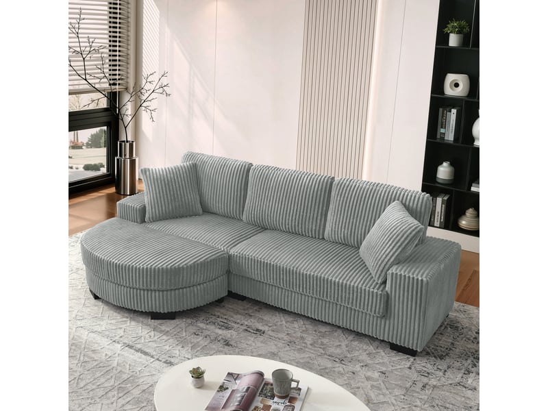  Canapé droit 4 pl 256,5x133,5x89 cm, 2 coussins, avec pouf ovale réversible, canapé salon moderne, finition velours côtelé gris  - Conforama D