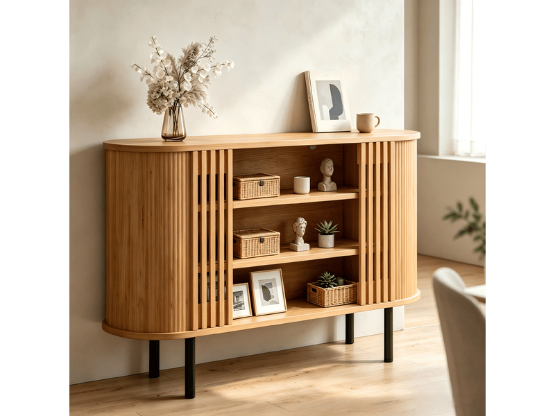  Buffet bas 120x40x80 cm avec 3 niches ouvertes et structure ajourée à lattes, meuble de rangement avec 4 pieds réglables en métal, mdf, naturel Seren Glow - Conforama E