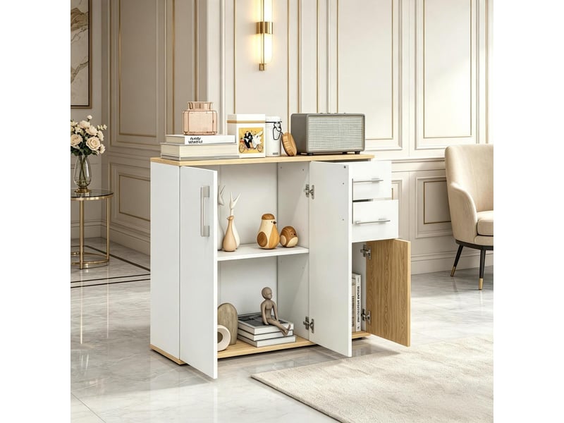 Buffet 3 portes 2 tiroirs meuble de rangement blanc et naturel 90 x 30 x 75.5 cm - Conforama E