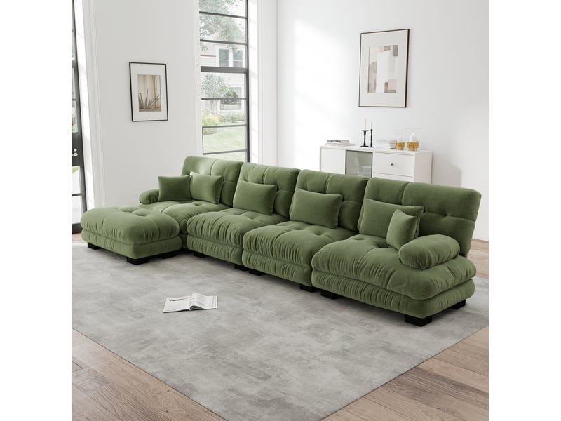 Canapé d'angle ulevr modulable 4 places avec ottomans mobiles, chenille vintage verte, 406 x 145 x 81 cm - Conforama E
