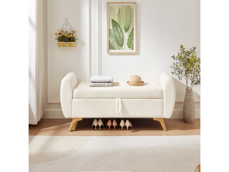  Banquette pliable en velours côtelé avec coffre de rangement, pieds en bois, 145 cm, chambre salon entrée  - Conforama B