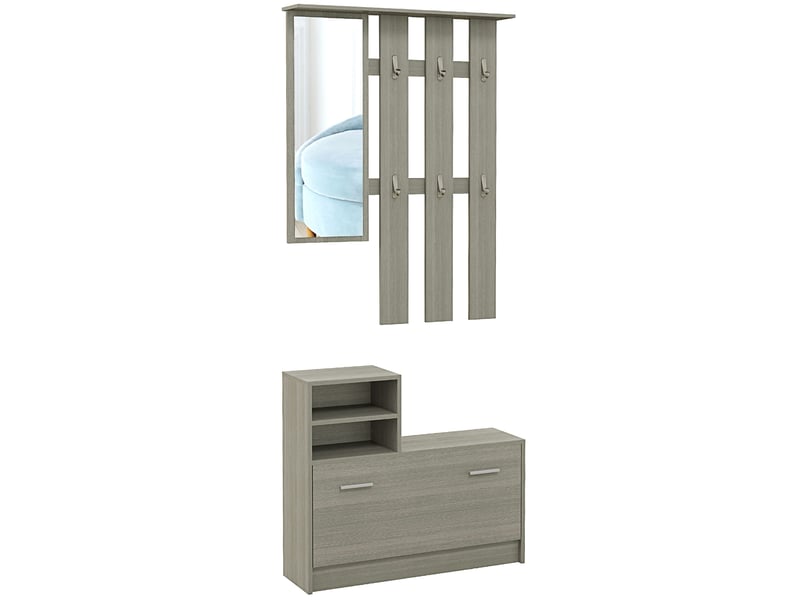  Ensemble de meubles d'entrée comprenant un porte-manteau, un miroir, un banc avec étagère et un meuble à chaussures pour 8 paires de chaussures, gris  - Conforama A