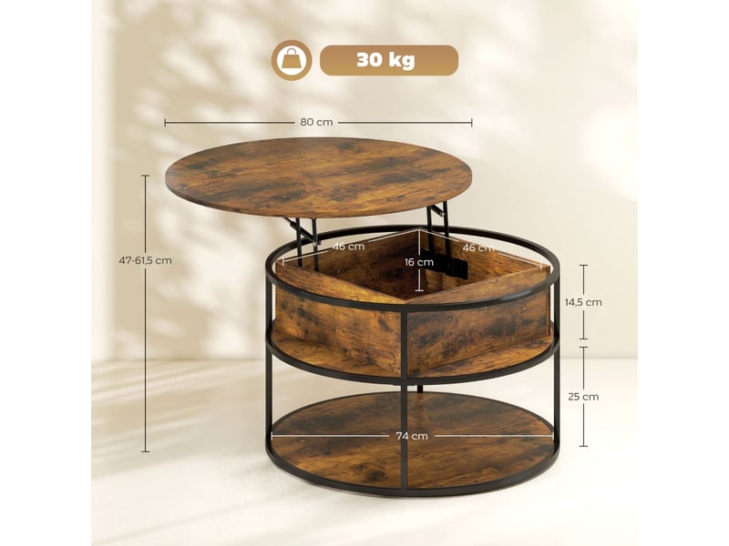  Table basse relevable ronde avec espace ouvert et rangement caché, structure en acier, pour salon, en bois, marron  - Conforama D