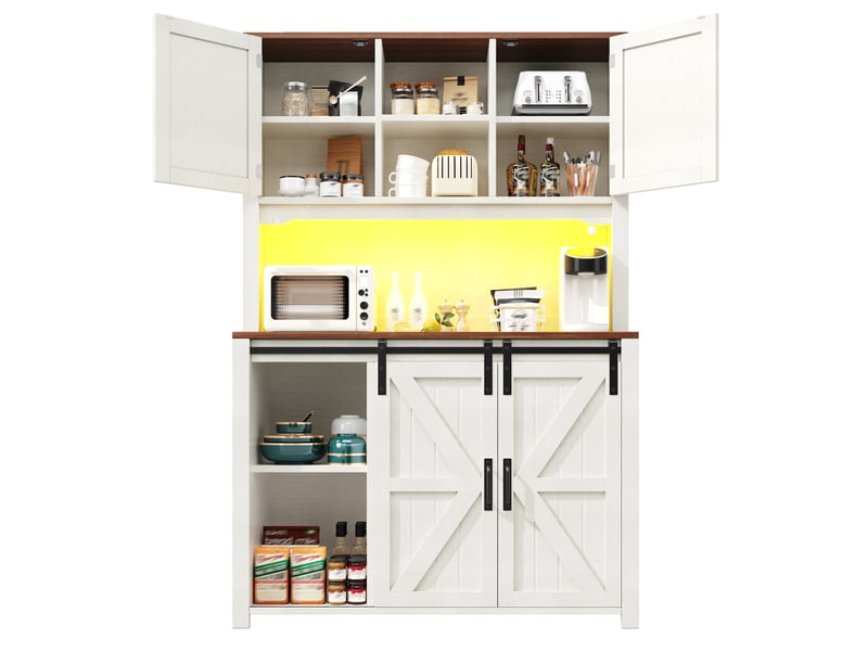 Buffet haut de cuisine 115x40x174,7cm avec éclairage led, rangement, meubles de cuisine avec portes coulissantes, mdf+structure en métal, coloris blanc - Conforama A