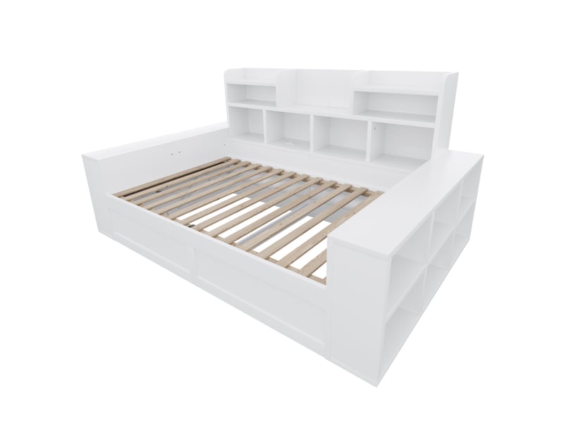 Lit banquette 90x200 cm avec coffre de rangement, led et prises, blanc, sans matels - Conforama E