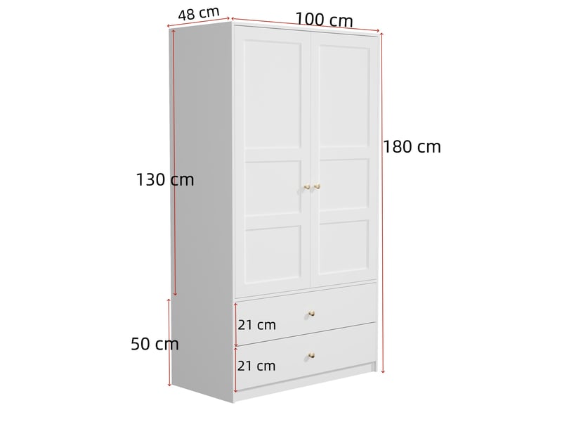  Armoire 100 x 48 x 180 cm, 2 portes avec 2 tiroirs et barre de penderie, blanc, mdf  - Conforama C