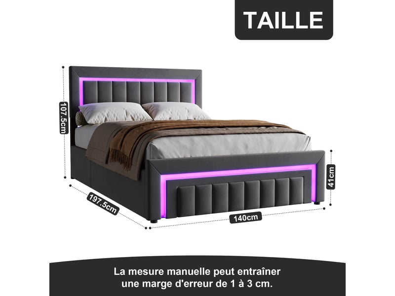  Lit coffre 2 places 140x190 cm avec 2 tiroirs et led, en velours gris  - Conforama C