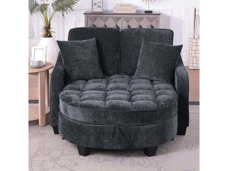  Canapé convertible 2 en 1 noir avec pouf de rangement, tissu chenille et bois d’eucalyptus, gain de place  - Conforama B