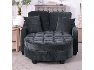 Canapé convertible 2 en 1 noir avec pouf de rangement, tissu chenille et bois d’eucalyptus, gain de place