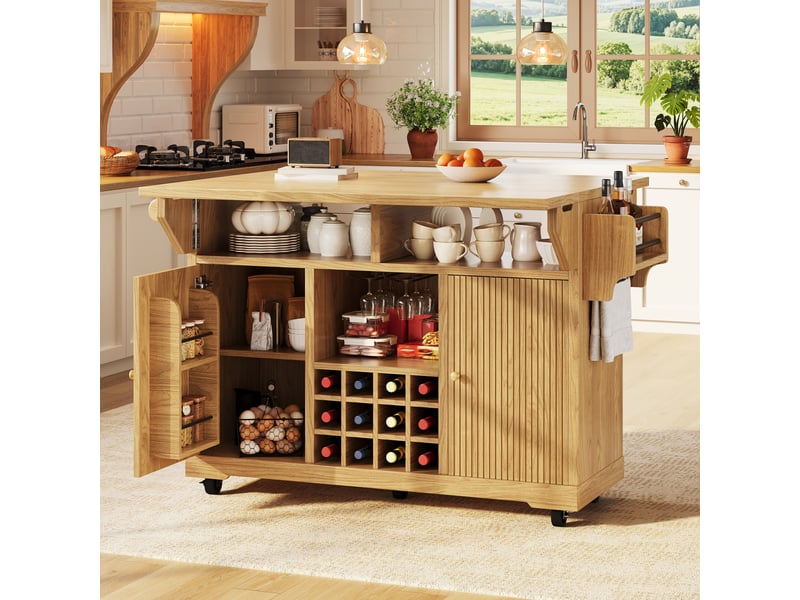 Desserte de cuisine mobile avec plateaux rabattables, étagères réglables et range-bouteilles amovible en mdf naturel - Conforama D