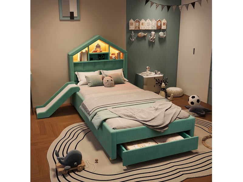 Lit enfant 90x200 avec toboggan, rangement et led evryae - Conforama C