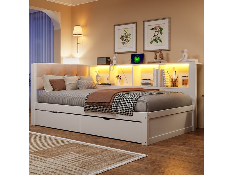  Lit banquette 90x200 cm avec 2 tiroirs, étagère 3 niveaux, led dimmable et usb,mdf+pin,blanc Morn Vibe - Conforama B