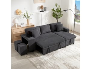Canapé d'angle droit fixe <strong>HAVRYA</strong> <strong></strong> 3 places Tissu gris avec coffre de rangement