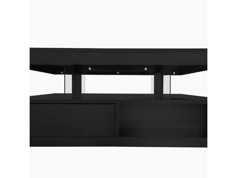 Table basse noire laquée brillante 95 x 50 x 42,5 cm - avec 4 étagères en verre, 2 tiroirs et 2 compartiments ouverts, meuble bas pour salon, table basse - Conforama E