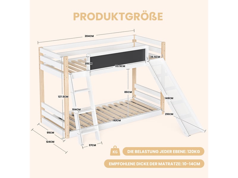  Lit superposé enfant 90 × 200 cm et 90 × 190 cm 2 places avec toboggan, escalier et tableau, sans matelas, blanc  - Conforama D