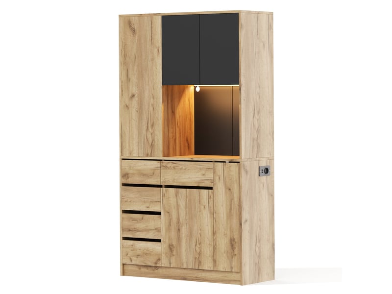  Buffet haut 105x40x185 cm noir et naturel mdf, 4 tiroirs, led, prises usb et type c, rangement cuisine  - Conforama D