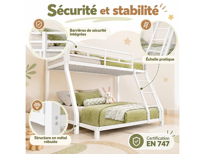Lit superposé enfant 90140 × 200 cm en métal blanc avec échelle, garde-corps et sommier, conforme en 747, sans matelas - Conforama B