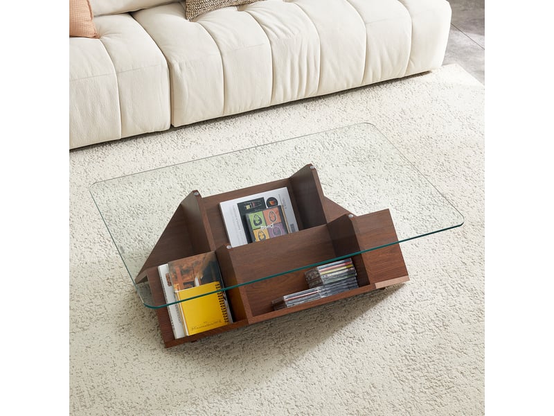 Table basse 103x63x33,5 cm - plateau verre trempé - structure mdf noyer - rangements multiples compartimentés - pour salon, bureau - noyer BUYDEEMEUS - Conforama E