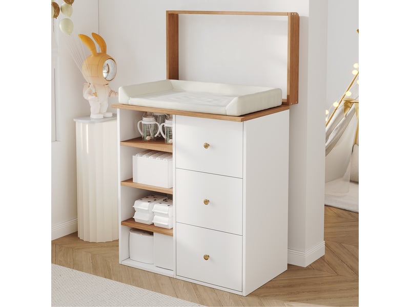  Commode à langer - 82x50x100 cm - commode à langer avec plan à langer, 3 tiroirs et étagères ouvertes - blanc et effet bois  - Conforama B