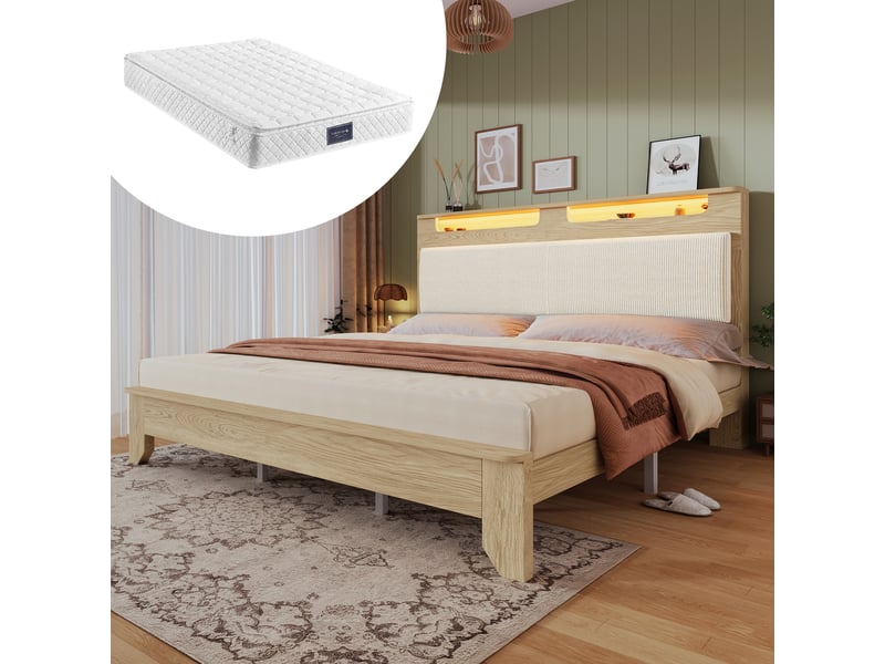  Lit double 160 x 200 cm avec matelas inclus, tête de lit led  - Conforama E