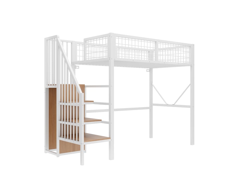 Lit mezzanine en métal 90 x 200 cm - avec échelle - avec éclairage led - avec barrières de sécurité - blanc (matelas non inclus) - Conforama R