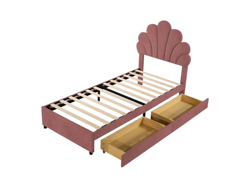  Lit enfant capitonné 90 x 200 cm, cadre de lit avec tête de lit fleurie et sommier à lattes, avec 2 compartiments de rangement, lit fillelit d'appoint en velours doux pour la peau, rose  - Conforama A