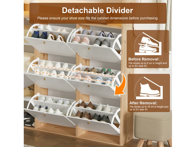  Meuble à chaussures avec led et verre – 6 compartiments basculants, blanc et naturel, 130 x 25 x 180 cm  - Conforama E