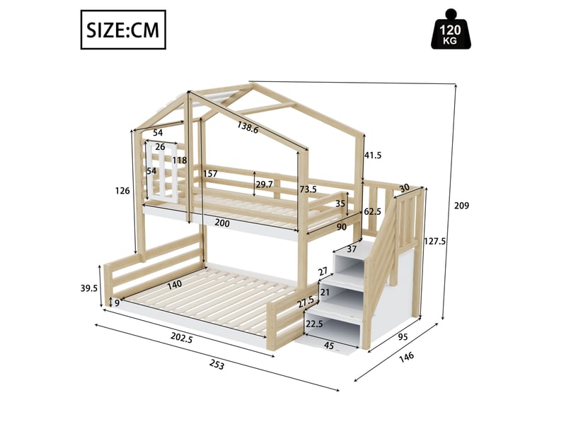  Lit superposé enfant 90x200 et 140x200 cm avec escalier de rangement naturel  - Conforama C