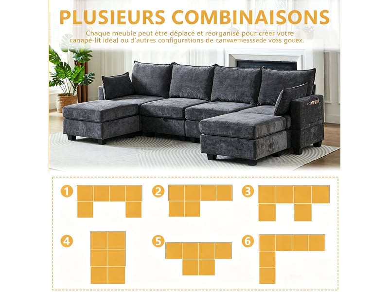  Canapé d’angle en chenille, forme u, ottomane rangement, 6 places avec méridienne, 87,6x289,6x141 cm, gris  - Conforama E