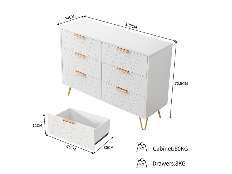  Commode 6 tiroirs - design géométrique - pieds épingles dorés – style luxe léger moderne - anti-basculement - 100x34x72.5cm - blanc  - Conforama E