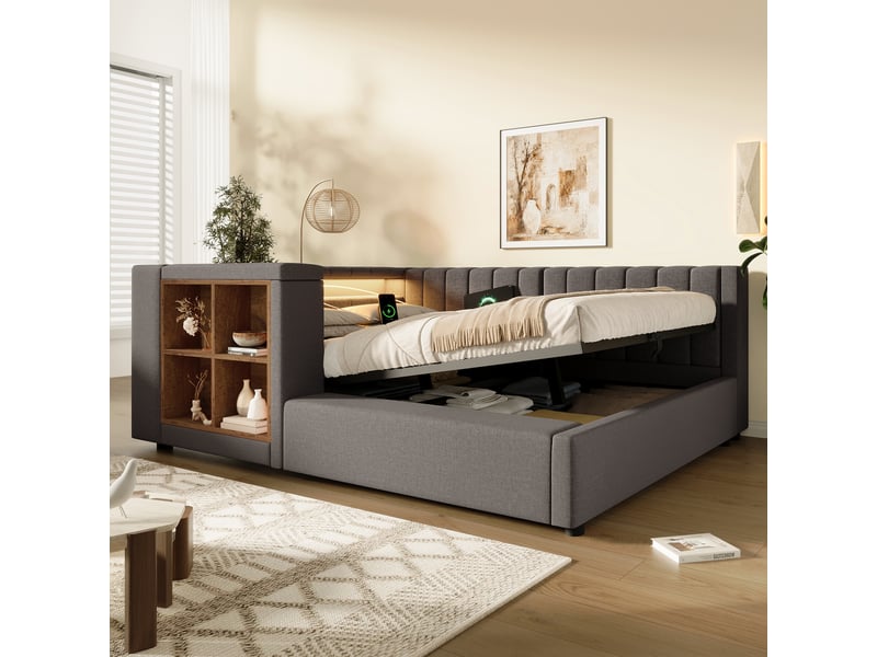 Lit coffre simple 90x190 cm, tête de lit réversible, 4 niches de rangement,lit banquette avec led par appli, usb et type-c, lin, gris Morn Vibe - Conforama C