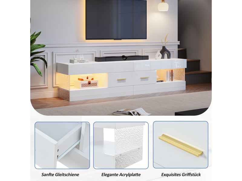 Meuble tv led 152 cm blanc laqué avec 2 tiroirs, étagères ouvertes et panneaux acryliques – pour tv jusqu’à 75 pouces - Conforama E