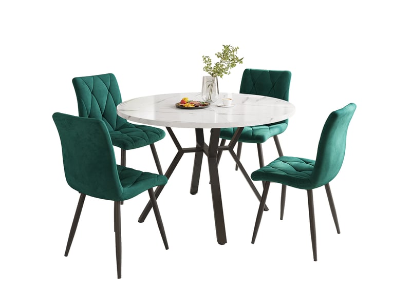  Ensemble table et chaises - table ronde avec 4 chaises velours, ensemble repas moderne pour cuisine ou salle à manger, plateau effet marbre, blanc et vert  - Conforama A